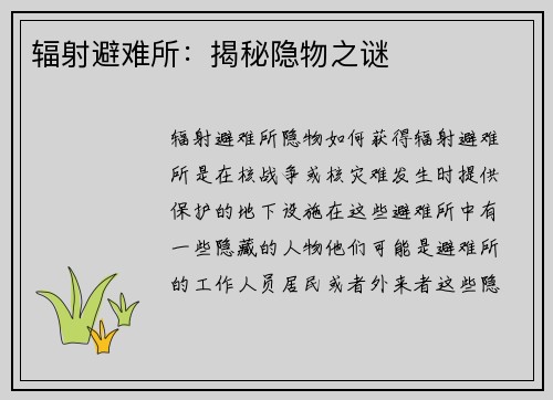 辐射避难所：揭秘隐物之谜