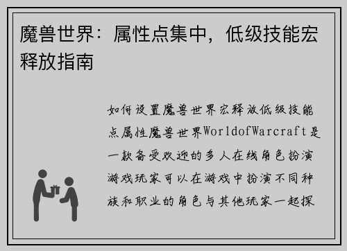 魔兽世界：属性点集中，低级技能宏释放指南